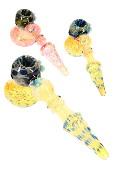 8.5-inch fumed dotted glass hammer bubbler with silver-fumed bubble bowl, ringed stem, and marble grip accents; compact water chamber.