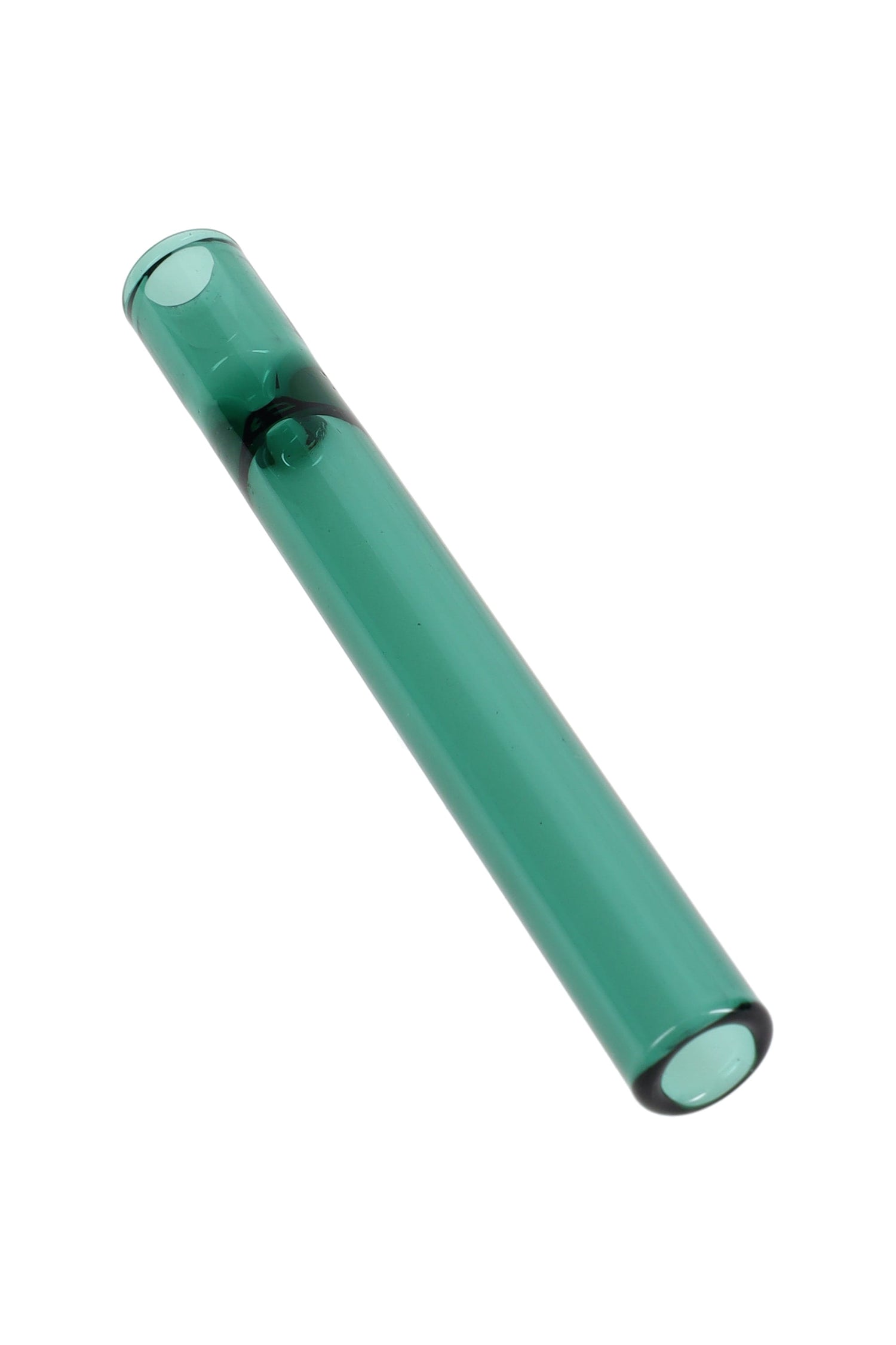 Teal 4″ glass one-hitter bat, slim straight tube with built-in pinch and rounded ends, clean studio shot.