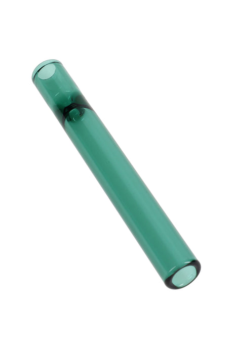 Teal 4″ glass one-hitter bat, slim straight tube with built-in pinch and rounded ends, clean studio shot.