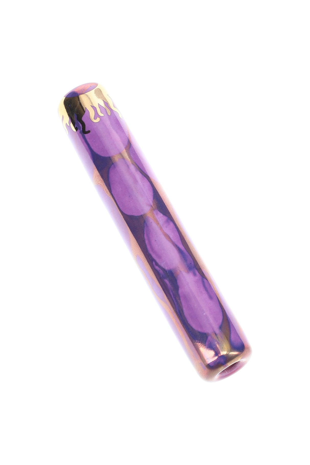 Purple ceramic one-hitter bat featuring gold drip artwork and marbled glaze, pocket-size chillum.