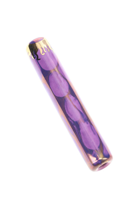 Purple ceramic one-hitter bat featuring gold drip artwork and marbled glaze, pocket-size chillum.