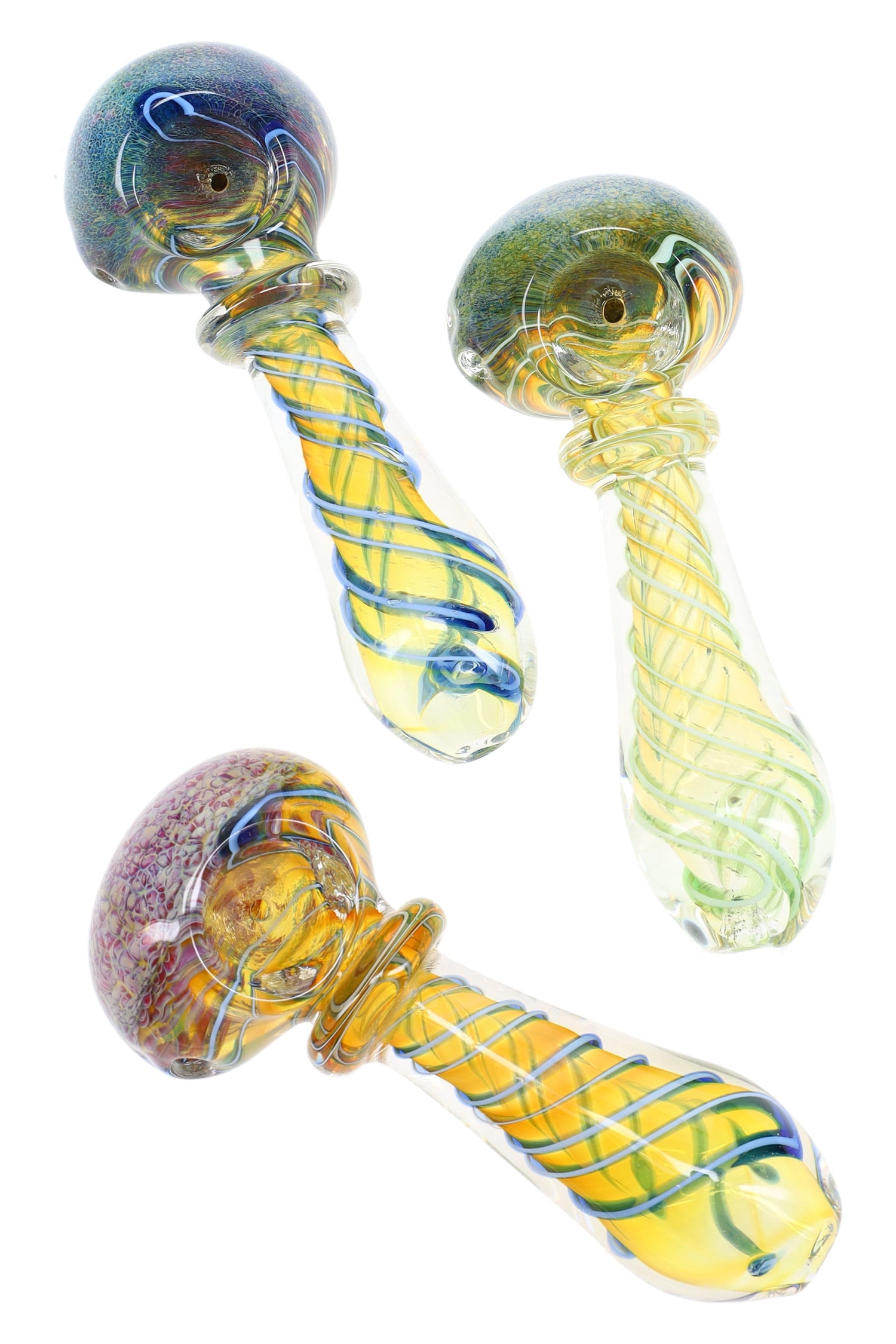4-inch color-changing fumed glass spoon pipe with frit bowl, spiral ribbon stem, and ring accent, shown in assorted colors.