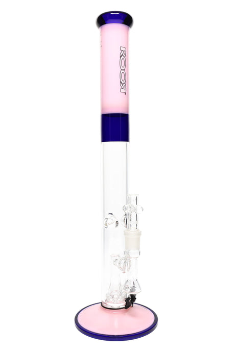 ROOR Tech 18-inch straight shooter bong, pink and blue color accents, showerhead perc and glass bowl.