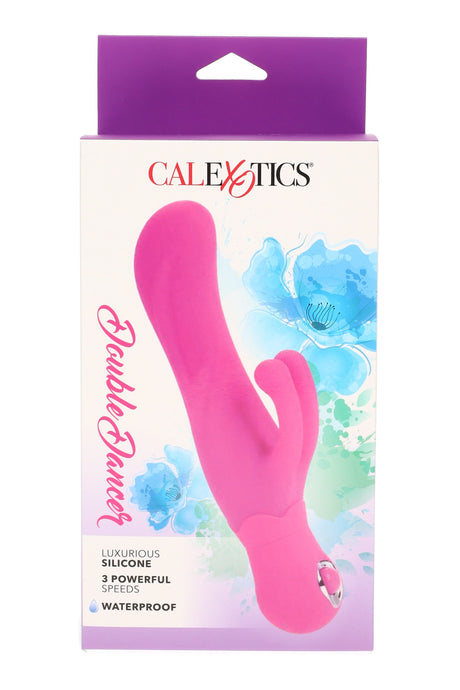 Pink Double Dancer silicone rabbit vibrator in retail box; dual clitoral ticklers, curved G-spot tip, 3 speeds, waterproof design.