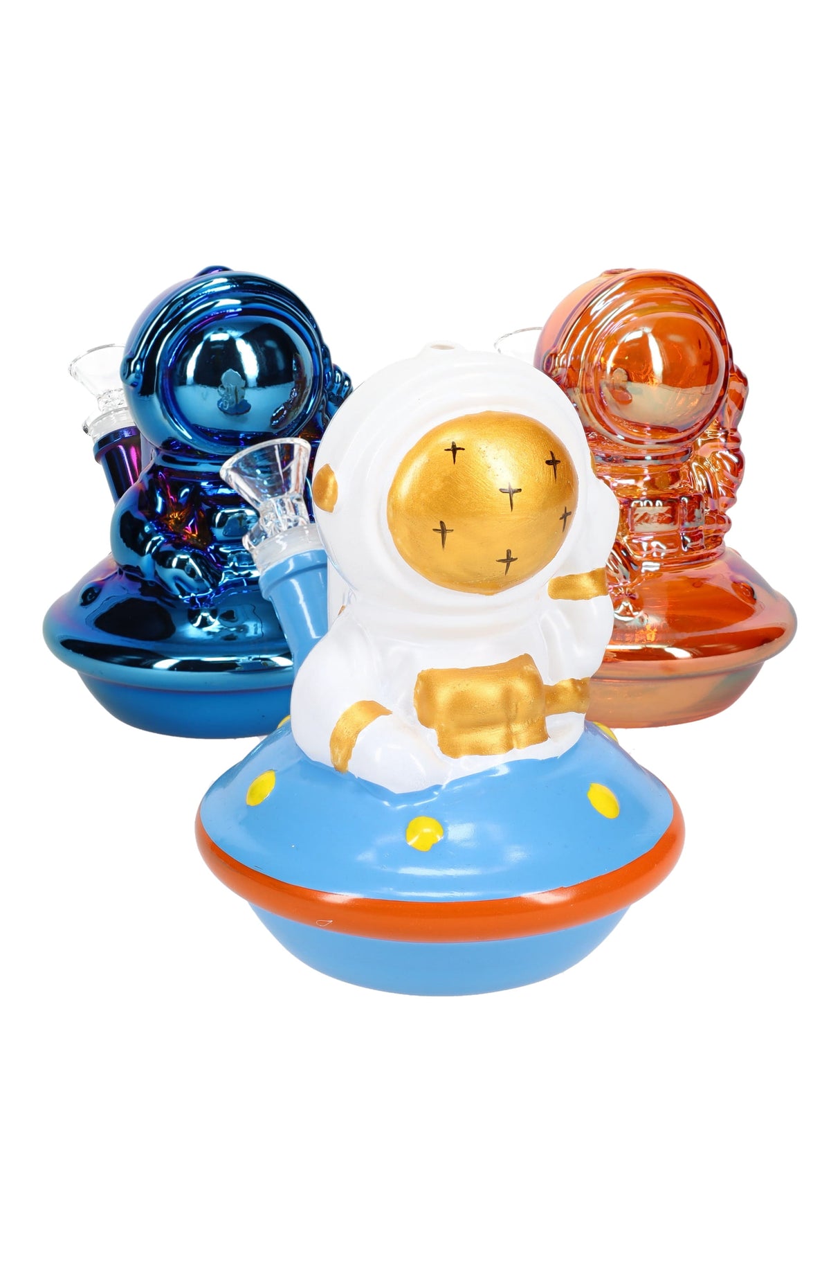 Group of astronaut UFO mini bongs showing blue, rainbow, and orange finishes with 14.5 mm GoG joint, 6″ tall.