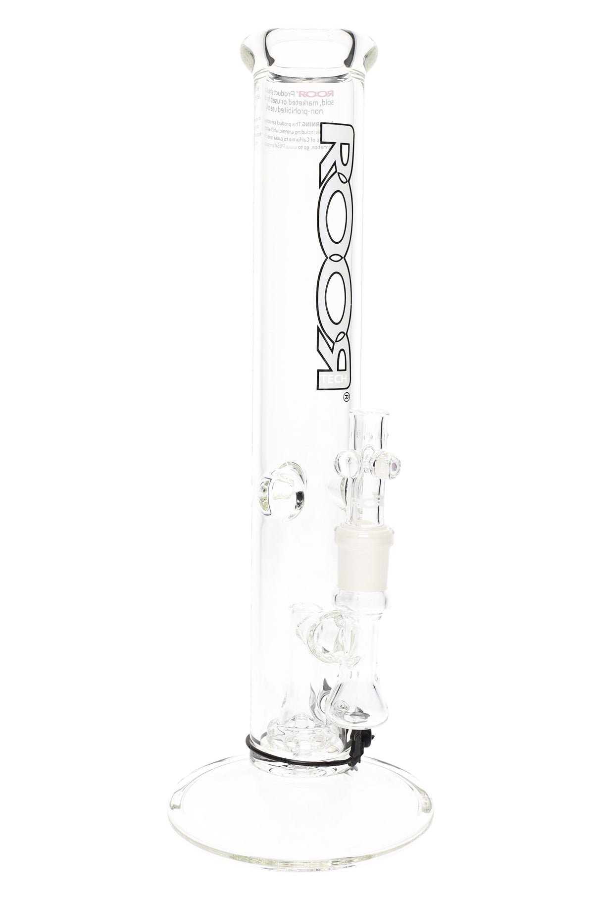 ROOR Tech 14-inch clear straight shooter water pipe, showerhead perc, 5 mm borosilicate, white decal, glass herb bowl joint.