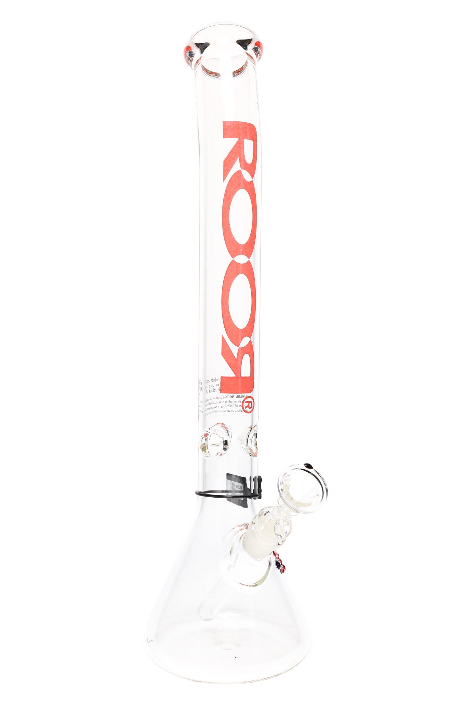 ROOR 18-inch bent-neck beaker bong, 5 mm borosilicate, ice pinch, removable downstem and bowl, glass-on-glass, clear tube with red ROOR decal.