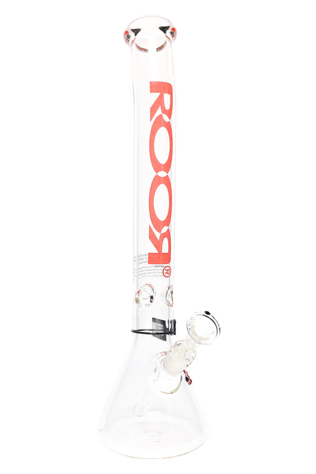 ROOR 18-inch bent-neck beaker bong, 5 mm borosilicate, ice pinch, removable downstem and bowl, glass-on-glass, clear tube with red ROOR decal.