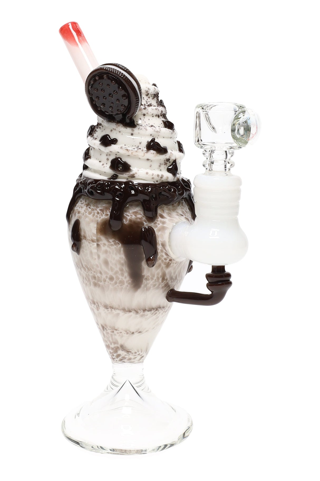 US-made cookies and cream mini rig shaped like a milkshake, with cookie topper, straw mouthpiece, and side joint on a pedestal base.