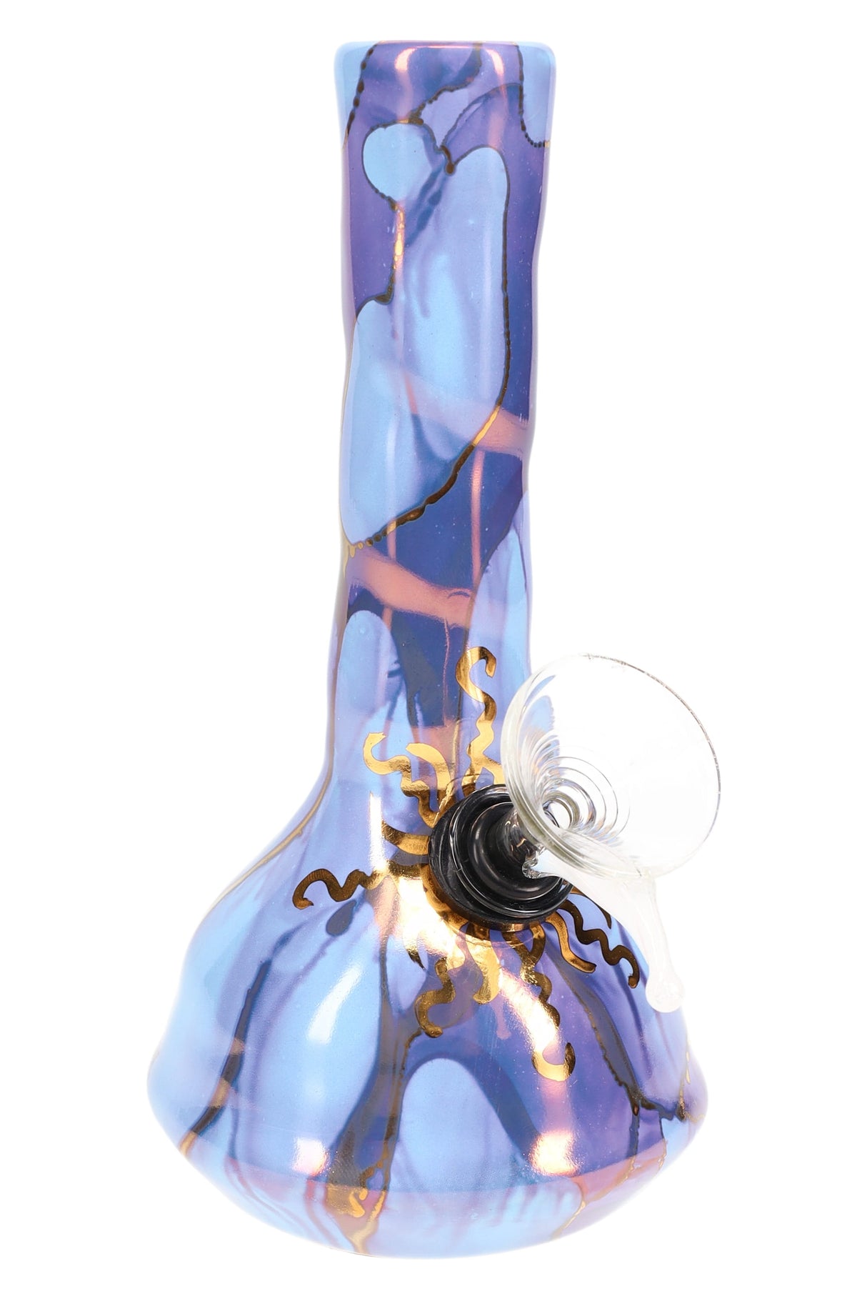 Blue marbled 6″ ceramic beaker bong with gold sunburst art and standard grommet connection on the base.
