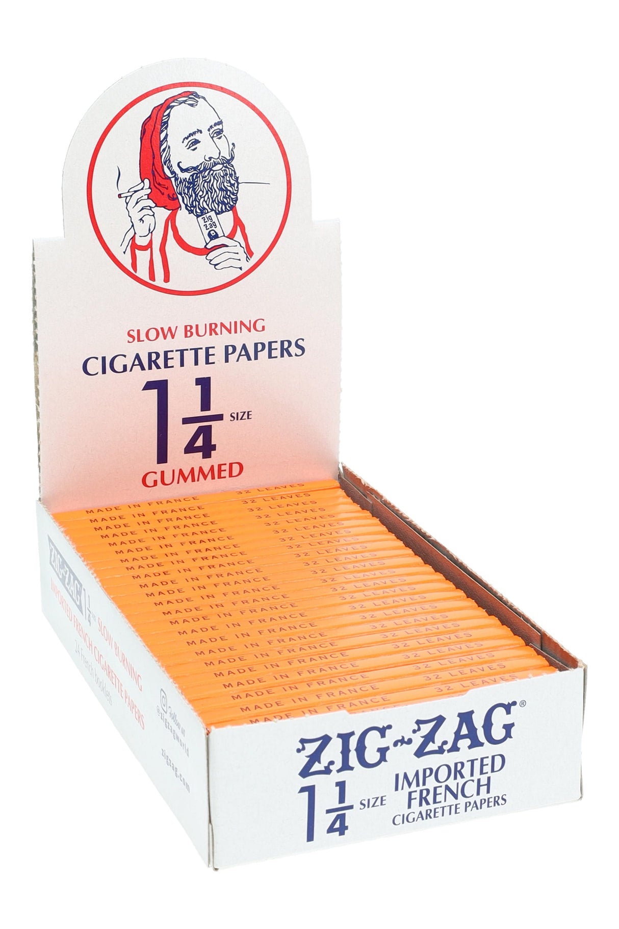 Zig-Zag Orange 1¼ rolling papers pack with 32 leaves shown in angled product view