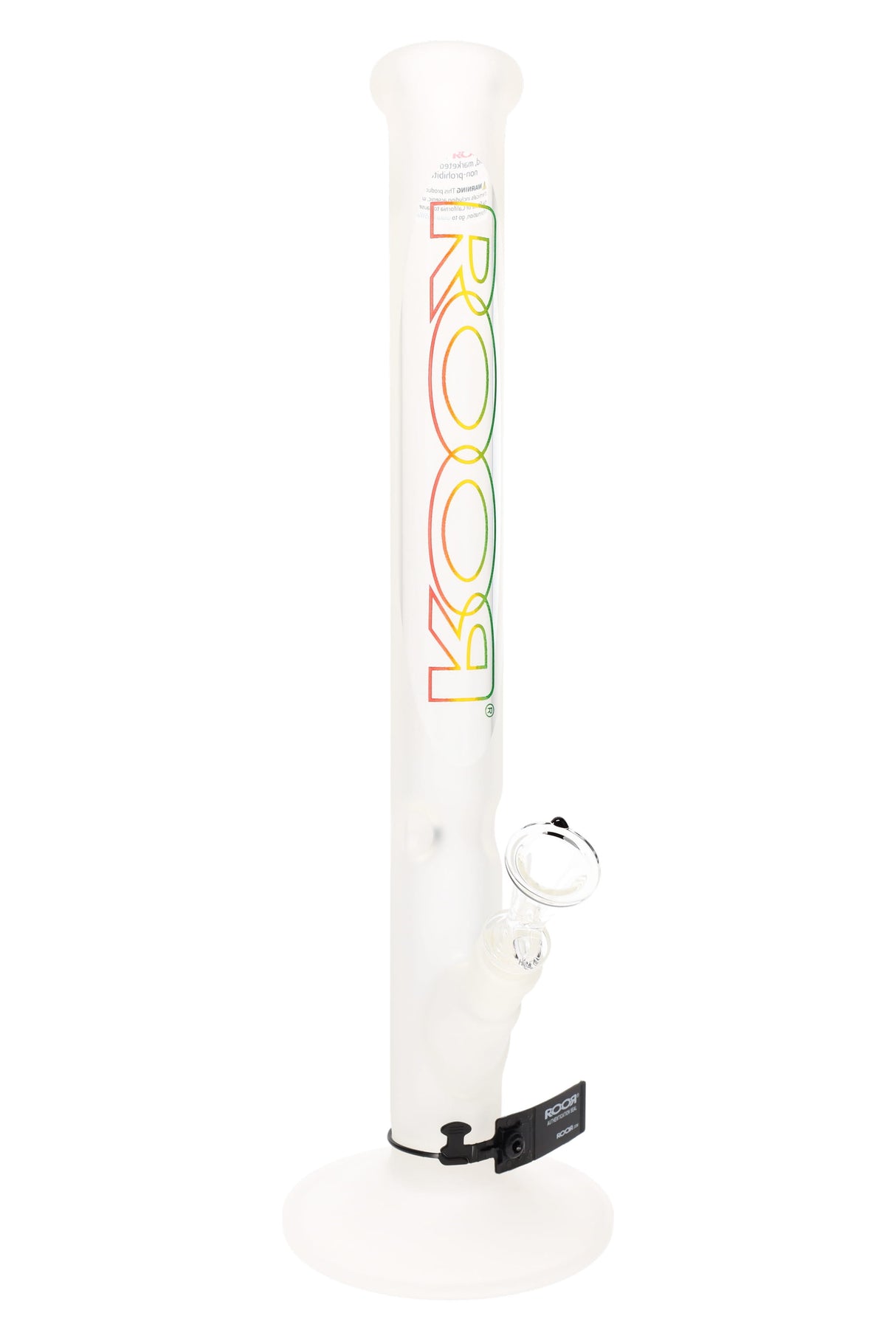 Frosted ROOR 18″ straight tube bong with 50 mm body, 5 mm glass, ice pinch, flat base, and 18.8 mm female joint that uses a 14.5 mm bowl; rasta ROOR logo.