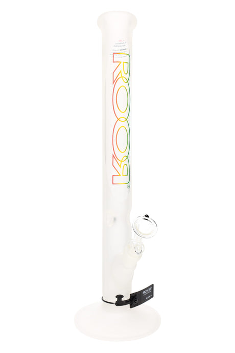 Frosted ROOR 18″ straight tube bong with 50 mm body, 5 mm glass, ice pinch, flat base, and 18.8 mm female joint that uses a 14.5 mm bowl; rasta ROOR logo.