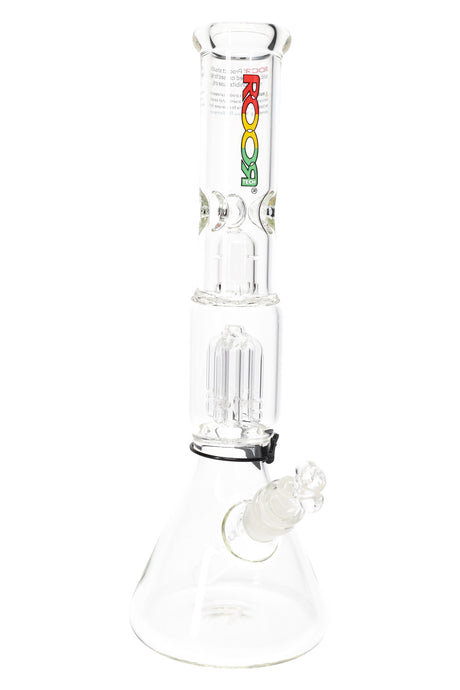 ROOR Tech 14-inch 5mm Thick Beaker Water Pipe with Tree Perc and Ice Pinch – clear glass, rasta logo – front view