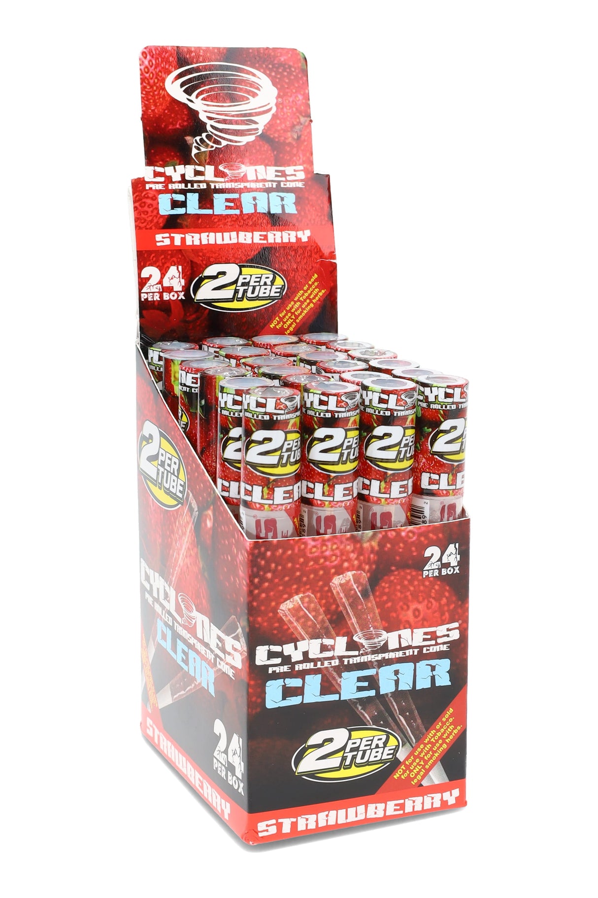Cyclones Clear Ice Dream king size pre-rolled cones display; 24 tubes per box, two per tube; cool blue packaging.
