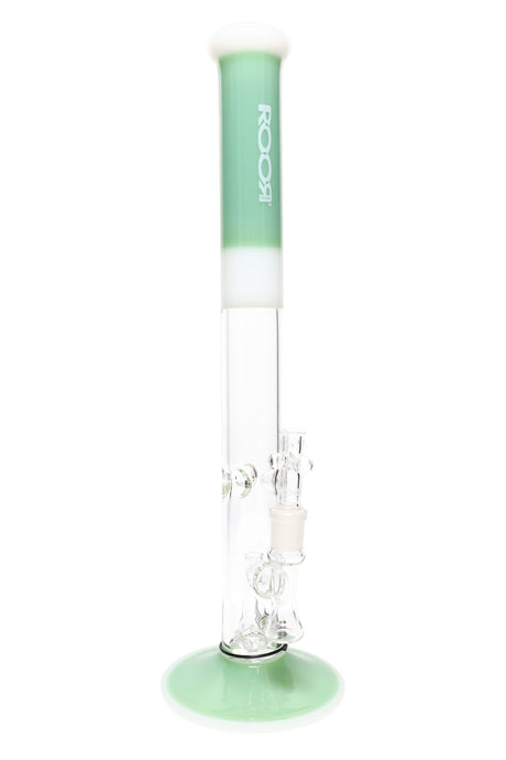 ROOR Tech 18-inch straight tube water pipe, green and white colorway, showerhead percolator and glass-on-glass joint.