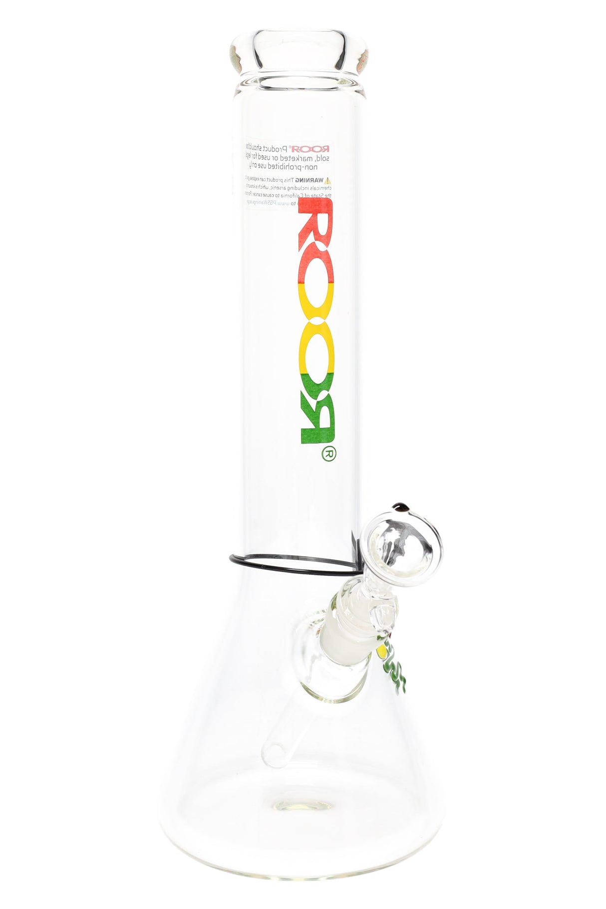 Clear ROOR 14-inch Zeaker beaker bong with rasta red-yellow-green ROOR logo, glass-on-glass downstem and bowl, ice pinch.