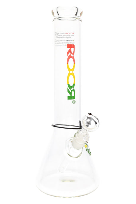 Clear ROOR 14-inch Zeaker beaker bong with rasta red-yellow-green ROOR logo, glass-on-glass downstem and bowl, ice pinch.