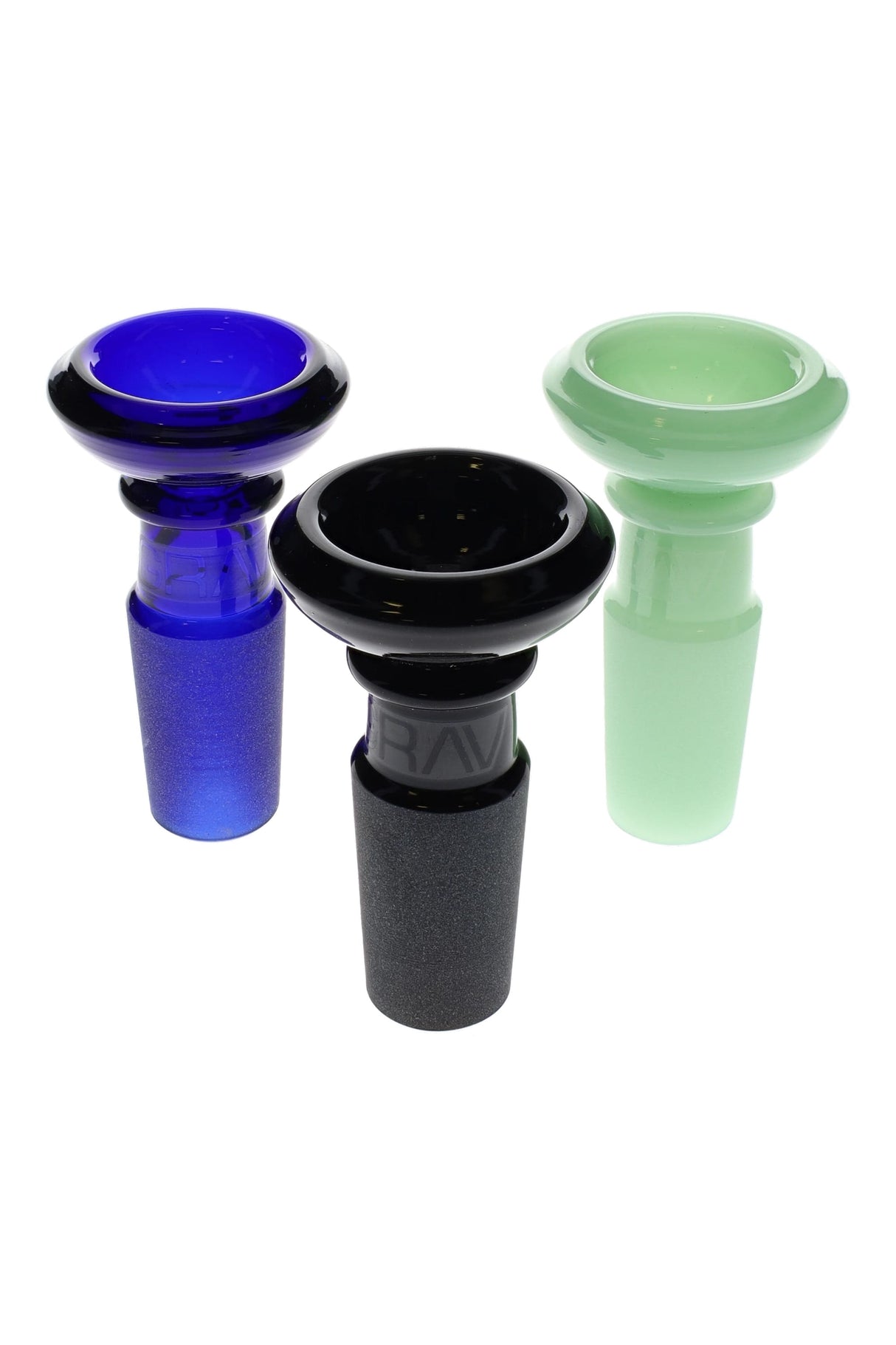 Trio of GRAV colored basin bong bowls with 14.5 mm male joints in blue, black, and mint green, wide-rim design for easy packing.