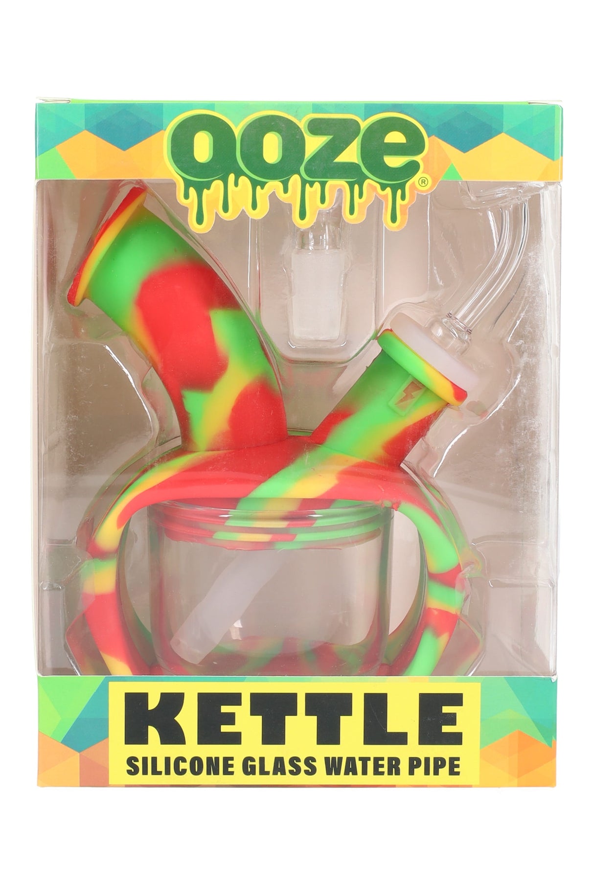 Rasta color Ooze Kettle silicone glass water pipe boxed, includes removable glass cup and downstem, 6″ height.