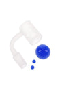 Frosted etched quartz banger shown with cobalt blue banger beads; flat-top rim and 14.5 mm male joint, 90-degree bend.
