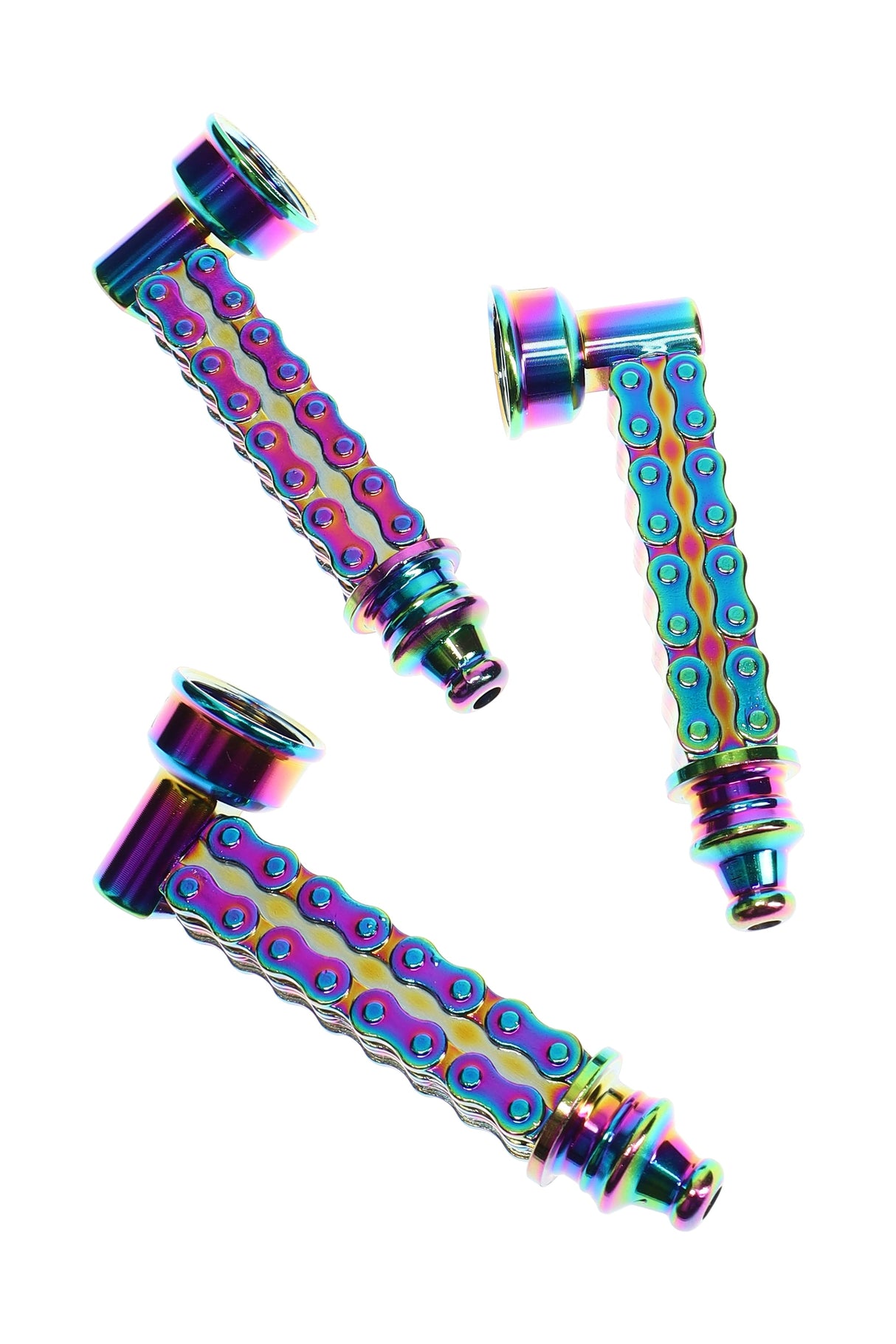 Rainbow bike-chain metal hand pipe, compact 3¼″ length with angled bowl and textured grip, iridescent finish for on-the-go use.