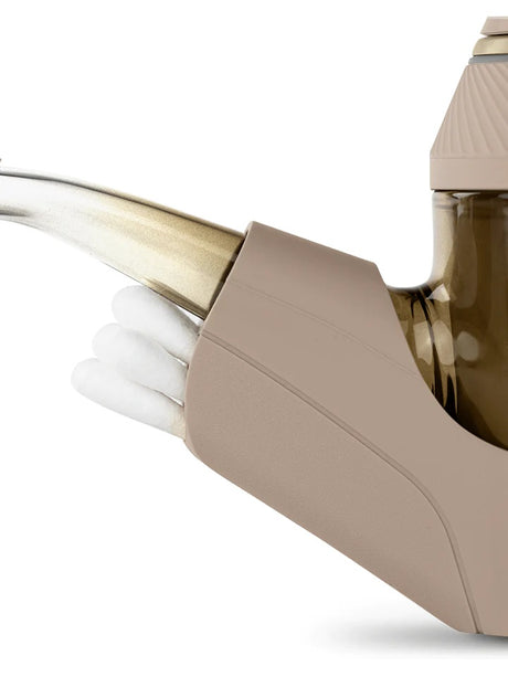 Close view of Desert backpack on Proxy glass stem with cotton swabs tucked inside the holder for easy cleaning on the go.