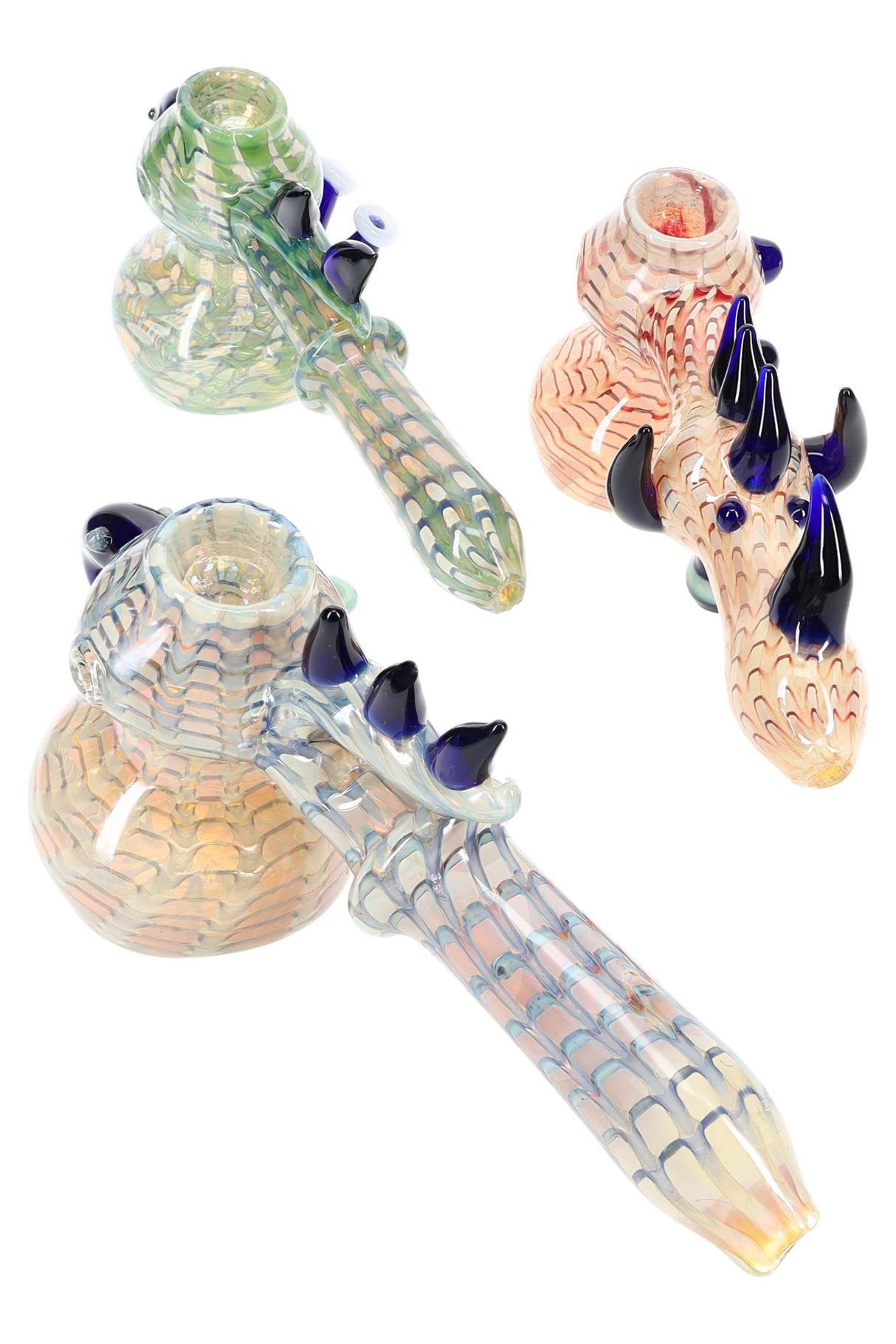 Silver-fumed raked glass hammer bubbler with three dark spikes along the neck and scale pattern, about 8″ long, shown in assorted colors.