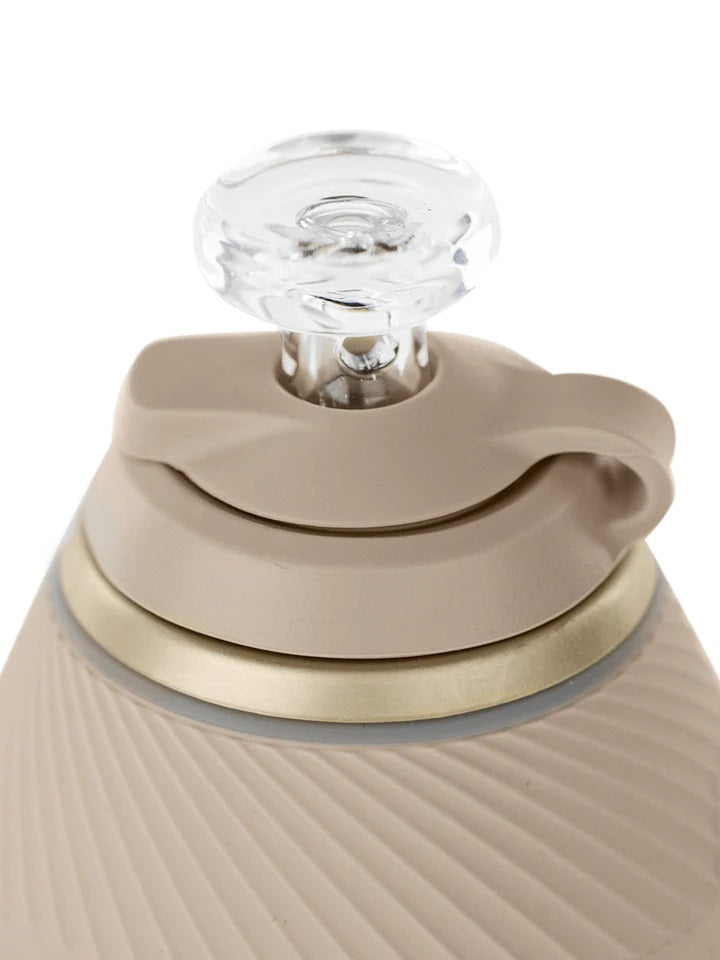 Detail of Desert chamber cap and tether with clear glass ball cap inserted on the Proxy for directed airflow and control.