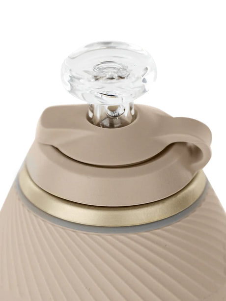 Detail of Desert chamber cap and tether with clear glass ball cap inserted on the Proxy for directed airflow and control.