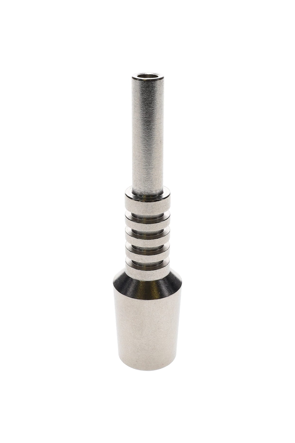 Stainless steel dab straw tip with 18.8 mm connection and straight barrel, machined grip rings near the base, shown on a white background.