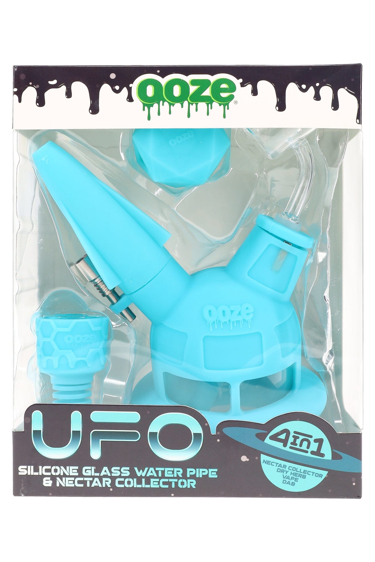 Light-blue Ooze “UFO” 4-in-1 bubbler and nectar collector in box with silicone concentrate container included.