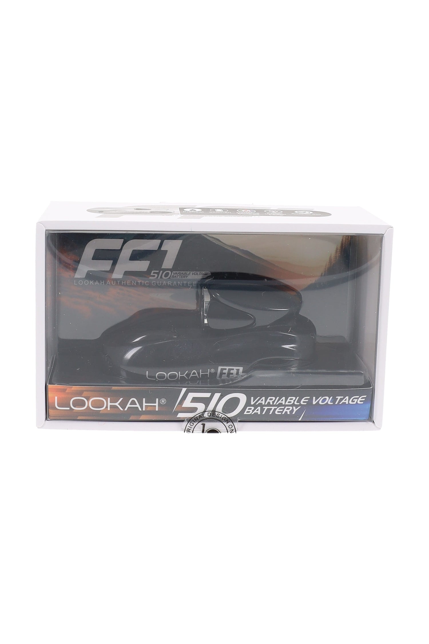 Black Lookah FF1 racecar 510 battery packaged, variable voltage 500 mAh unit with glossy finish and compact form.