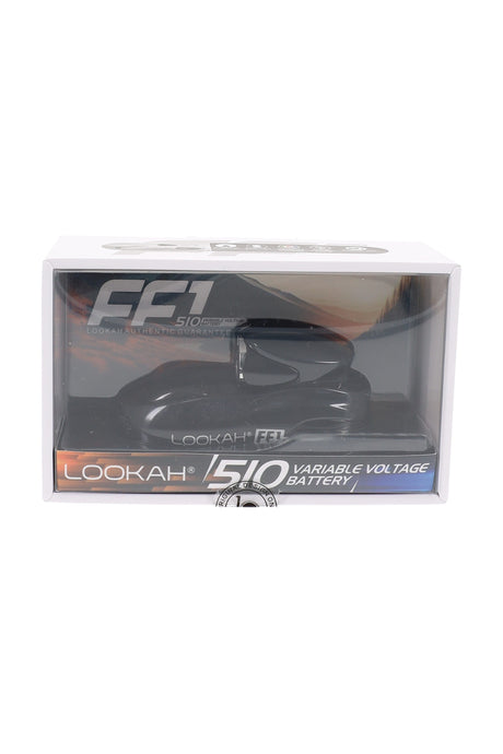 Black Lookah FF1 racecar 510 battery packaged, variable voltage 500 mAh unit with glossy finish and compact form.