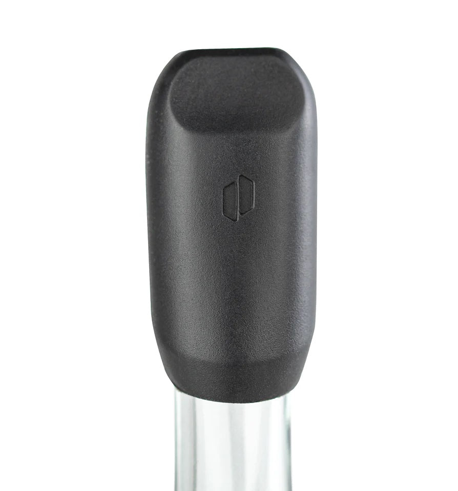 Close view of black silicone mouthpiece cover from the Proxy Travel Pack fitted on the glass stem for comfortable draws.