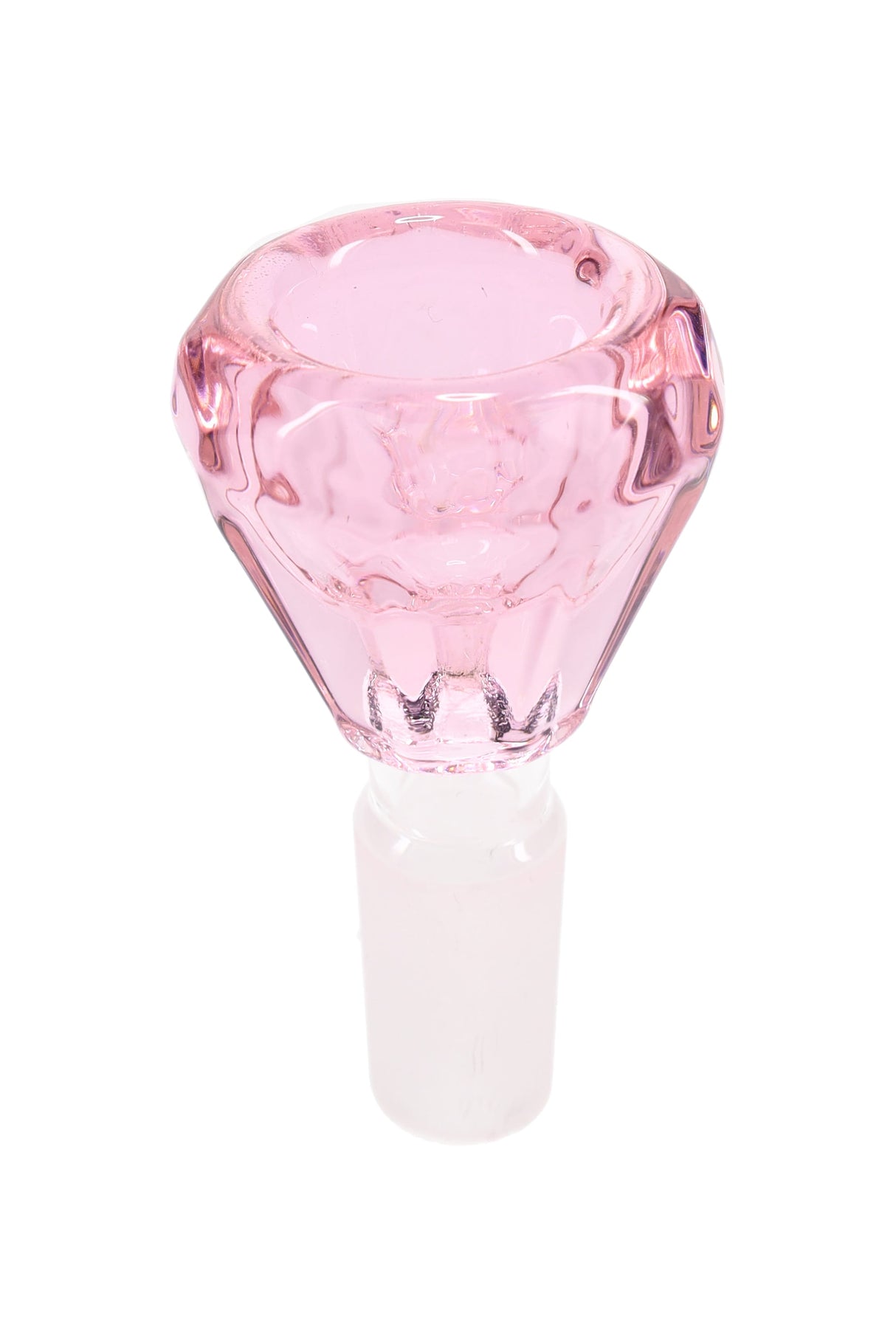 Pink diamond-cut glass bong bowl with 14.5 mm male ground joint and faceted sides; compact replacement slide for dry herb.