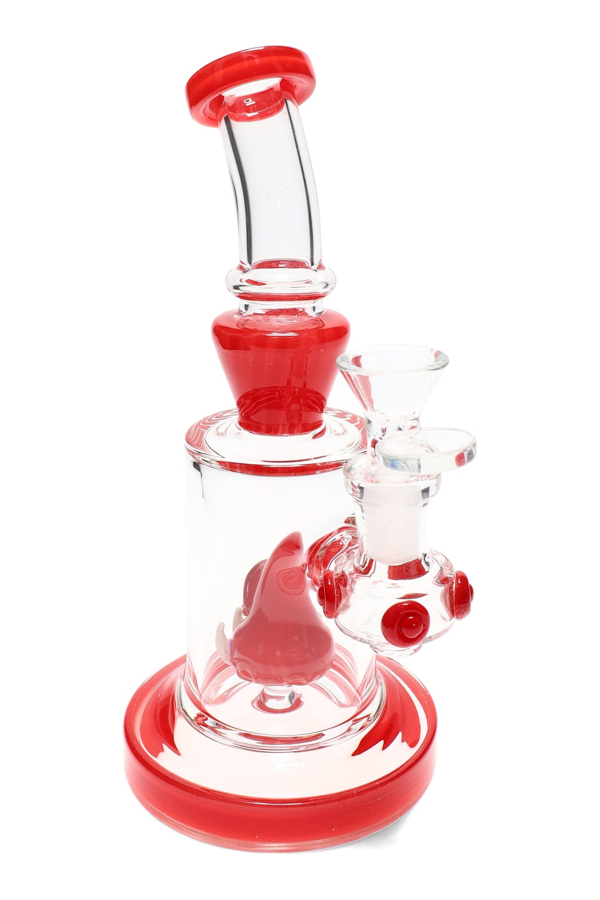 8-inch stemless glass bong with cyclops percolator, bent neck, and wide round base, clear body with bold color accents.