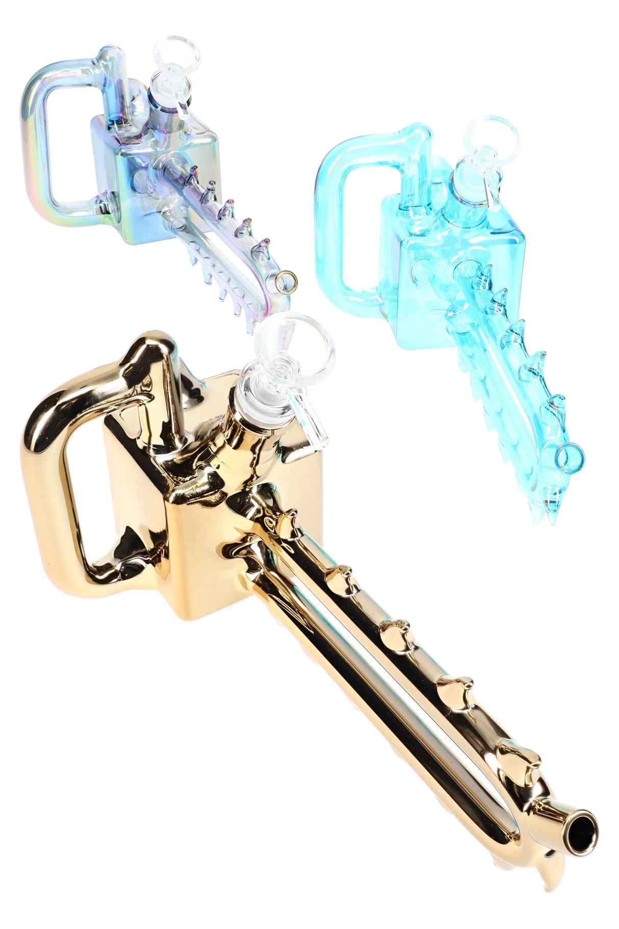 Group of novelty chainsaw glass bongs with handle and glass-on-glass bowl, shown in gold, blue, and iridescent finishes, 11″ length.