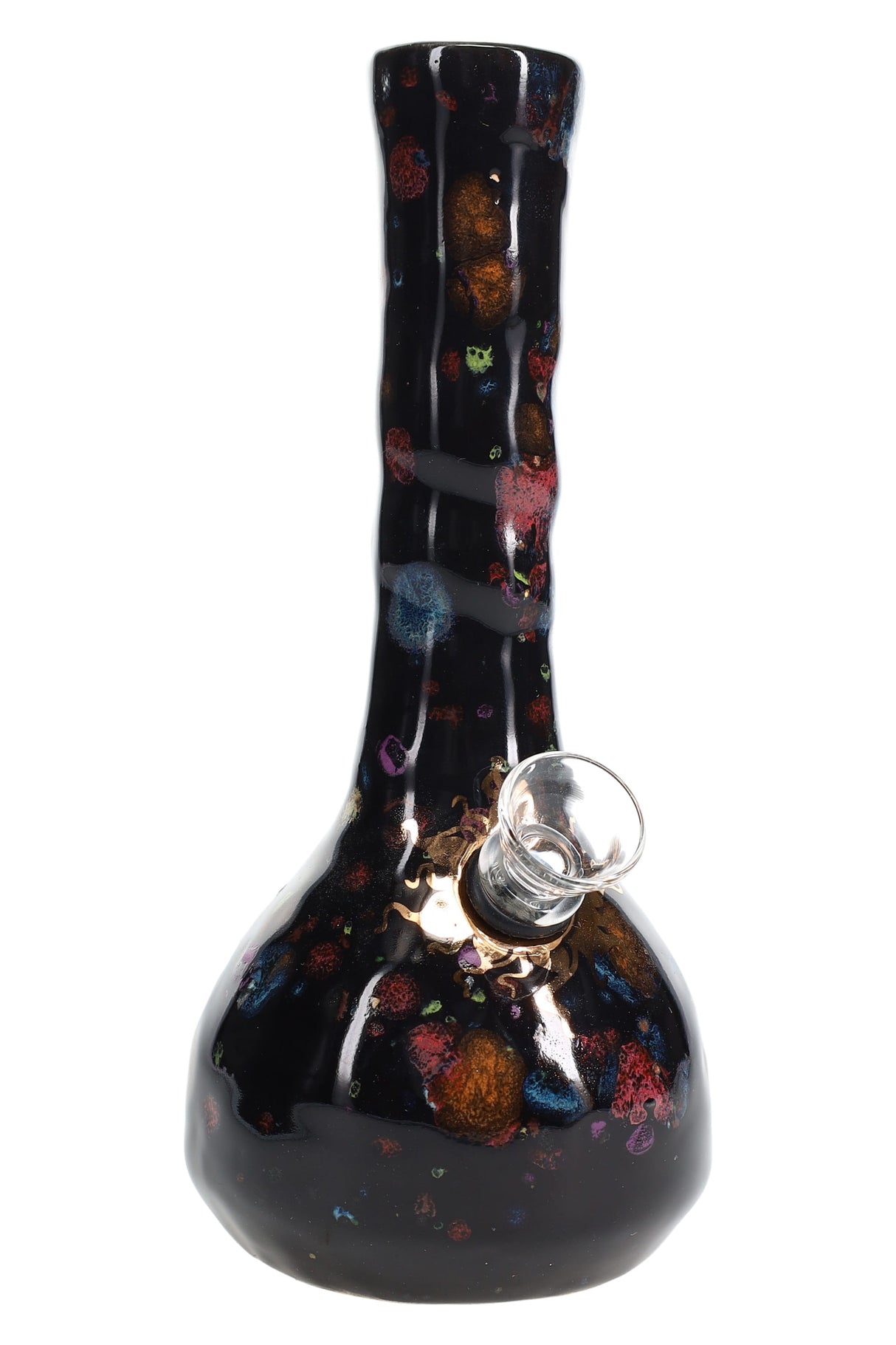 Glossy black ceramic bong with cosmic rainbow burst accents and gold sun emblem, bowl attached, isolated background.