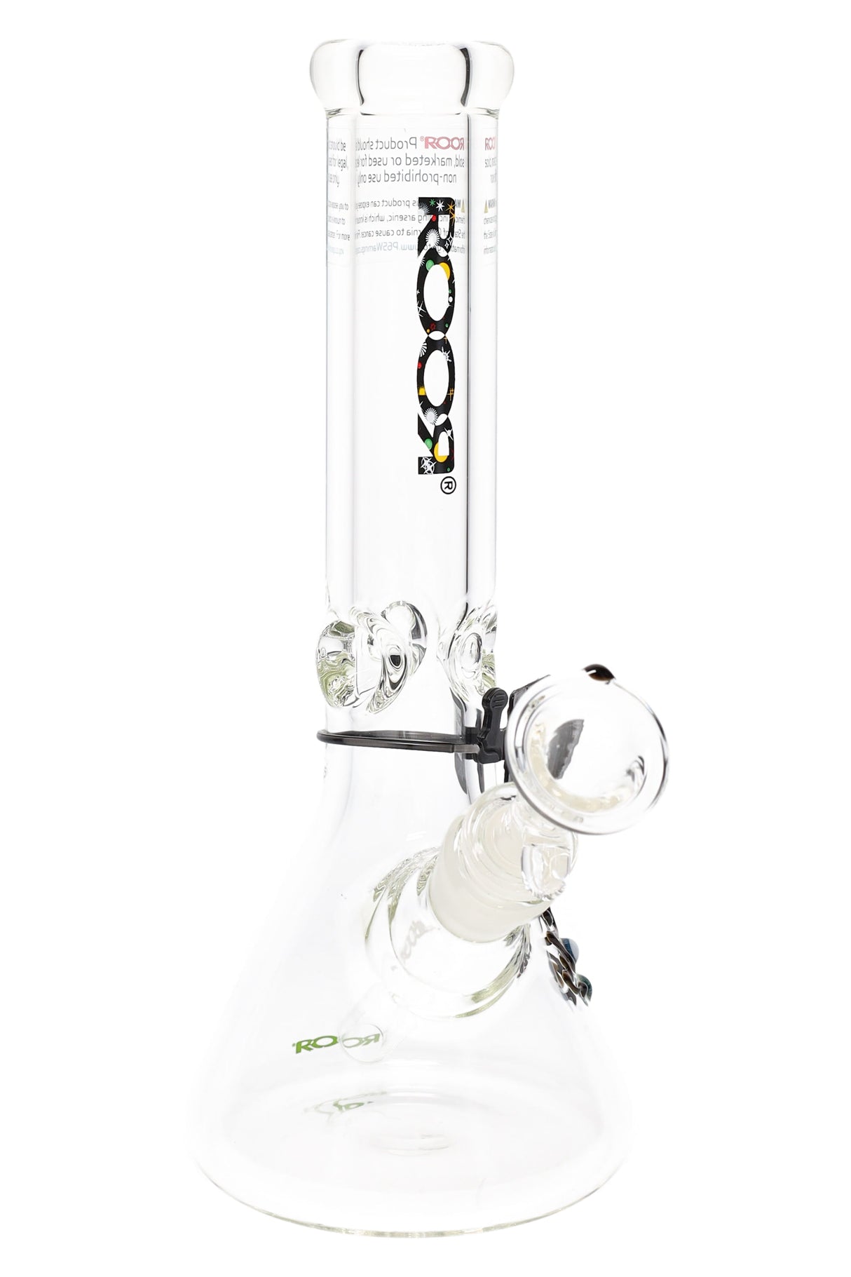 Clear ROOR 10-inch beaker bong with galaxy ROOR logo, ultra-thick 7 mm glass, glass-on-glass downstem and bowl, ice pinch.