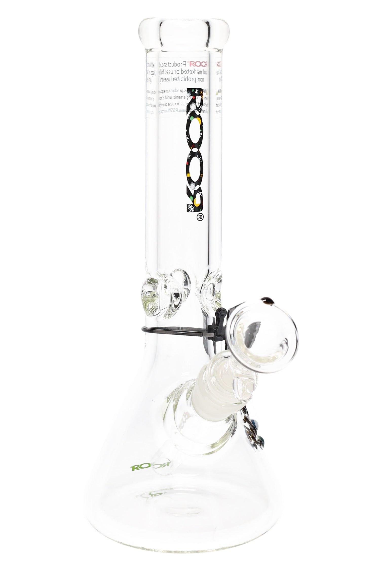 Clear ROOR 10-inch beaker bong with galaxy ROOR logo, ultra-thick 7 mm glass, glass-on-glass downstem and bowl, ice pinch.