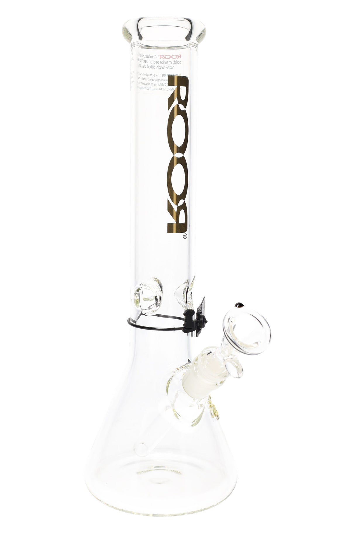 Clear ROOR 5 mm beaker bong with gold ROOR logo, glass-on-glass downstem and bowl, ice pinch.