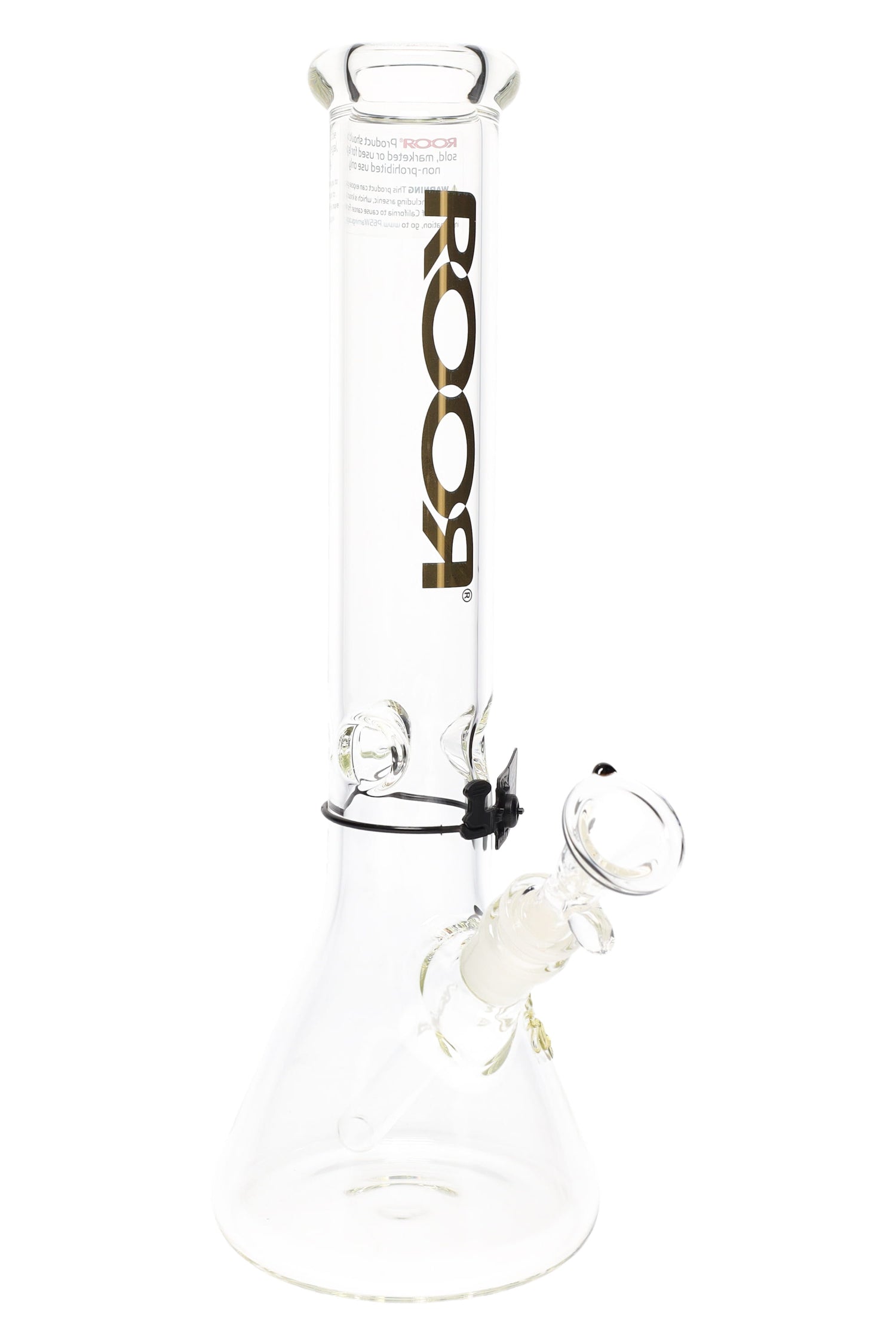 Clear ROOR 5 mm beaker bong with gold ROOR logo, glass-on-glass downstem and bowl, ice pinch.