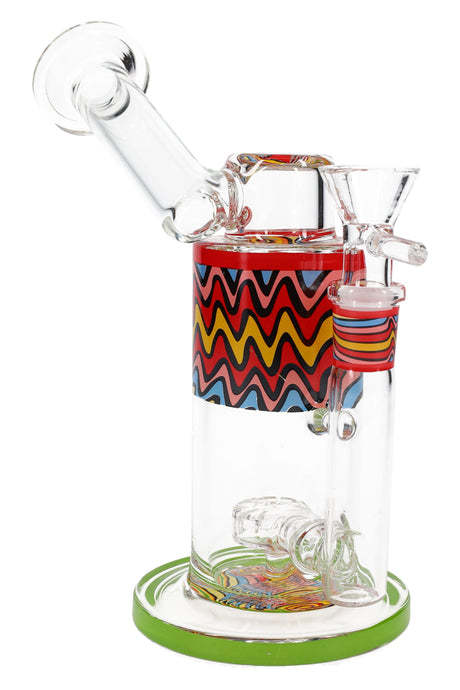 Green-trim 7″ sidecar water pipe highlighting reverse colorwork, vertical downstem, and clear showerhead perc.