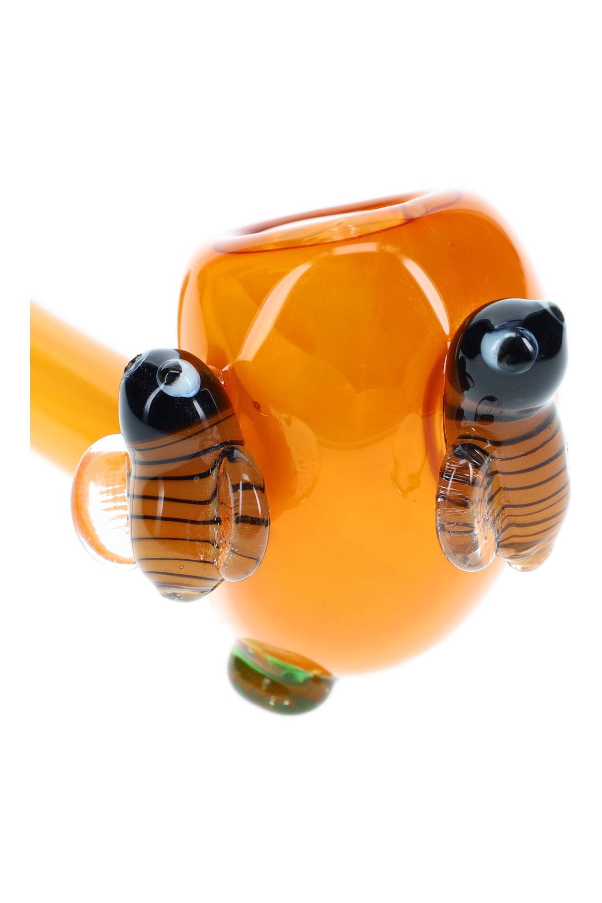 Gold fumed sherlock pipe bowl with two glass bee accents and confetti frit shown in close-up detail view