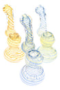 Clear 5-inch silver-fumed sherlock bubbler with blue spiral stripes, bubbling water chamber, and flat base on white background.