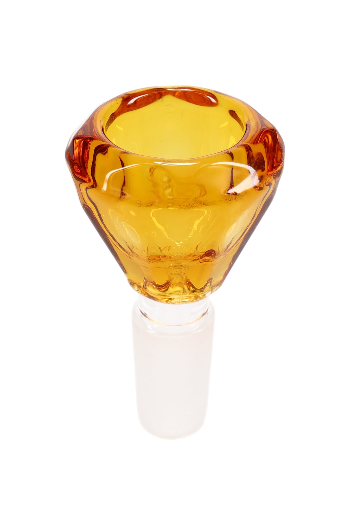 Amber diamond-cut glass bong bowl with 14.5 mm male ground joint, faceted silhouette, medium capacity for dry herb.