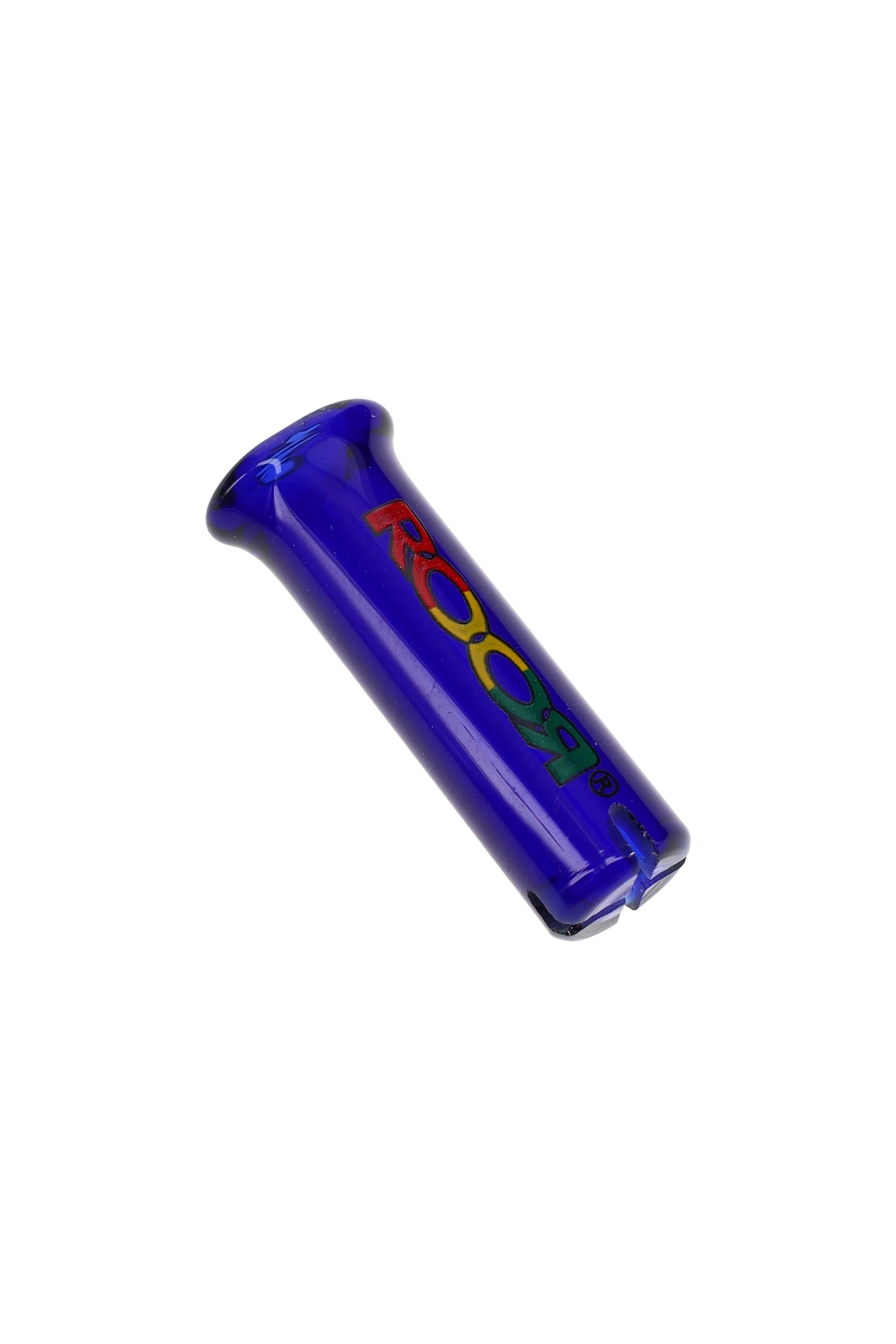 Cobalt blue RooR 10 mm glass rolling tip with rainbow logo; durable reusable filter mouthpiece with notch for a tidy roll.