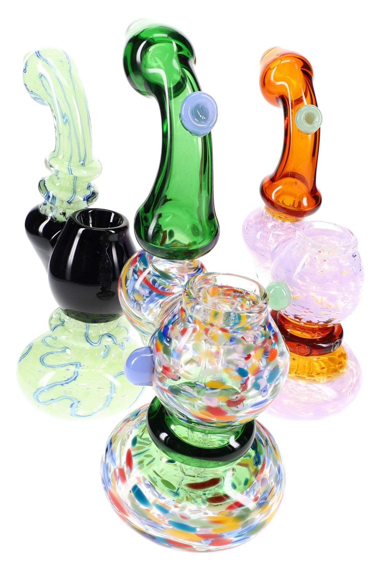 7.5-inch colorful frit glass Sherlock bubbler with glass ring and marble accents on a flared base; multicolor designs vary; sold individually.