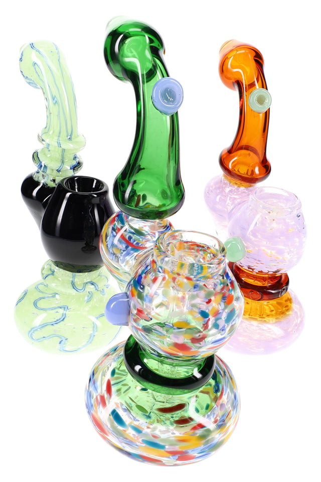 7.5-inch colorful frit glass Sherlock bubbler with glass ring and marble accents on a flared base; multicolor designs vary; sold individually.
